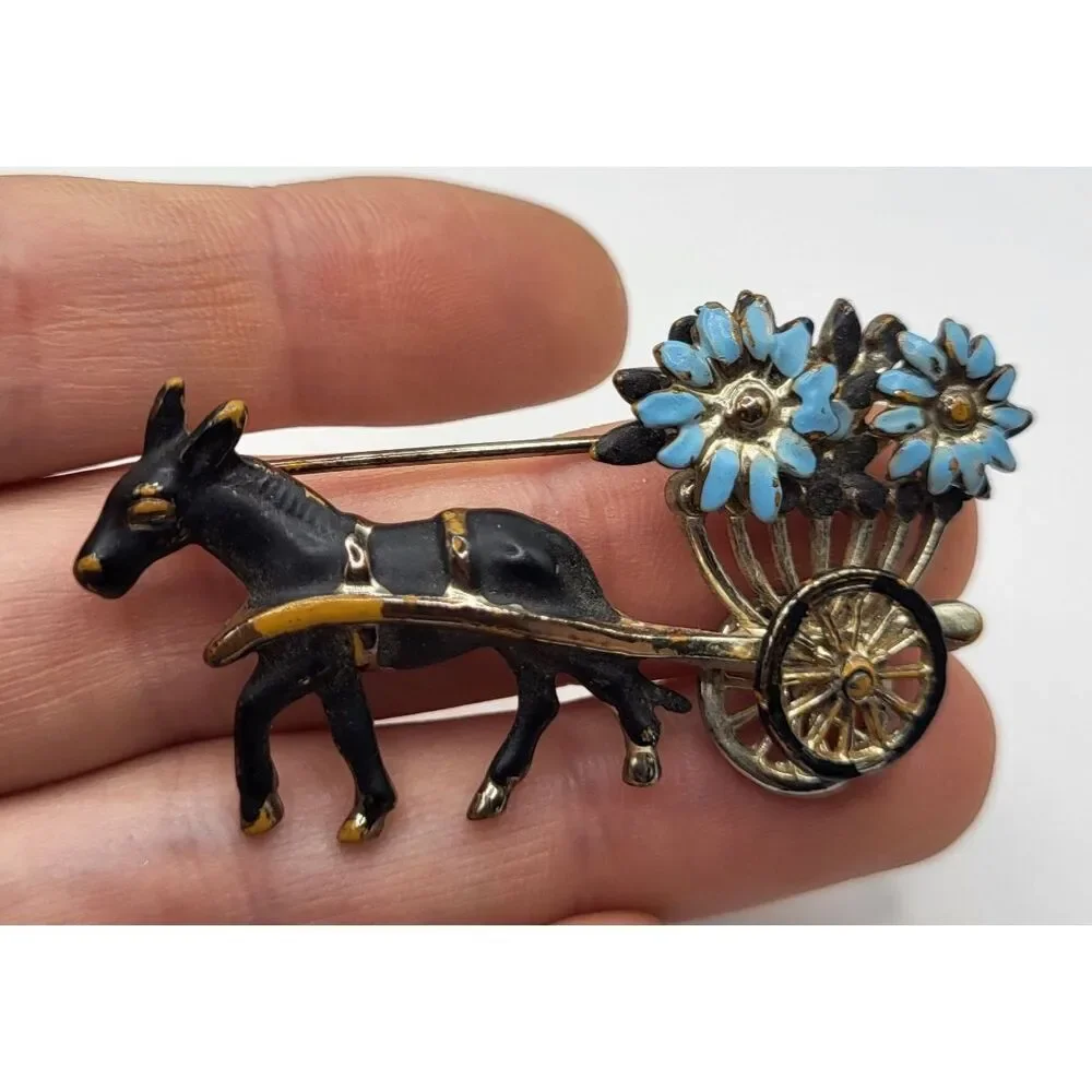 Vintage Brooch Donkey Pulling Wagon Of Flowers 2